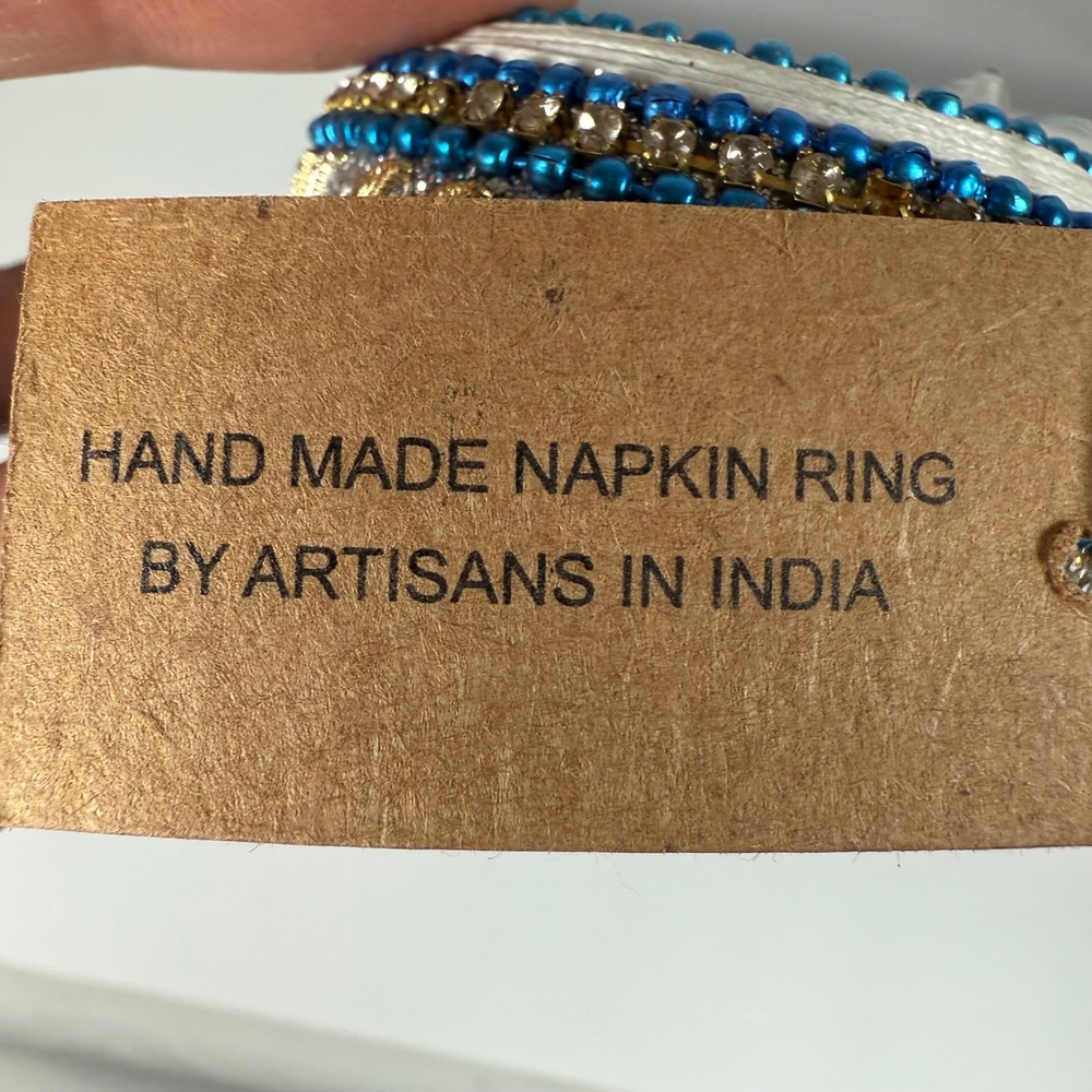 Aman Beaded Napkin Rings Set of 4 Blue Gold Decorative Dining Table - Picture 4 of 6